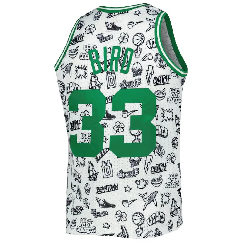 B.Celtics #33 Larry Bird Mitchell & Ness 1985-86 Hardwood Classics Doodle Swingman Jersey White Stitched American Basketball Jersey-NFC Atlanta Falcons Jersey -