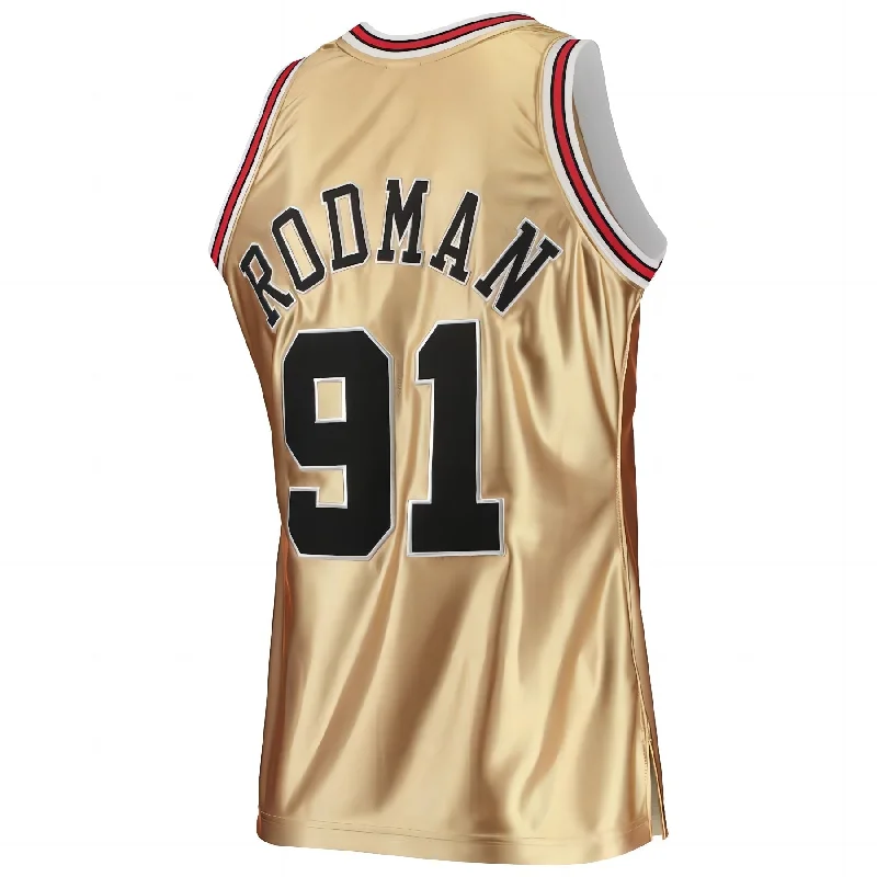 C.Bulls #91 Dennis Rodman Mitchell & Ness 75th Anniversary 1997-98 Hardwood Classics Swingman Jersey Gold Stitched American Basketball Jersey-NFC NFC Football Jersey Collection -