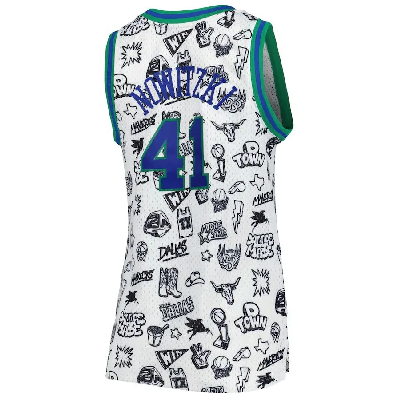 D.Mavericks #41 Dirk Nowitzki Mitchell & Ness Women's 1998 Doodle Swingman Jersey White Stitched American Basketball Jersey-NFC Jersey Custom Number -