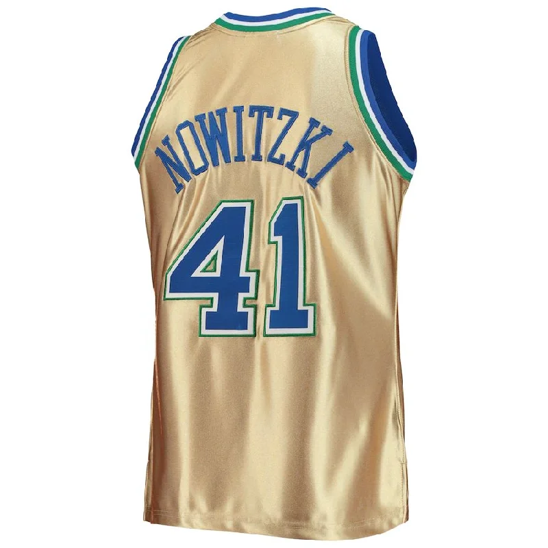 D.Mavericks #41 Dirk Nowitzki Mitchell & Ness 75th Anniversary 1998-99 Hardwood Classics Swingman Jersey Gold Stitched American Basketball Jersey-NFC Football Jersey Special Edition -