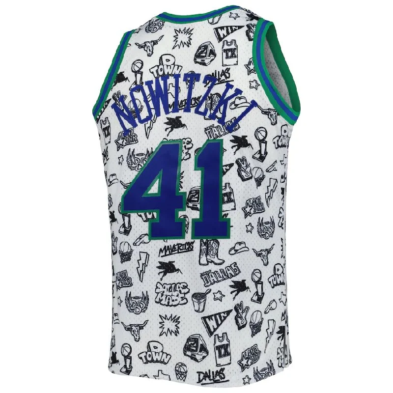 D.Mavericks #41 Dirk Nowitzki Mitchell & Ness 1998-99 Hardwood Classics Doodle Swingman Jersey White Stitched American Basketball Jersey-NFC Official Jerseys for Men -