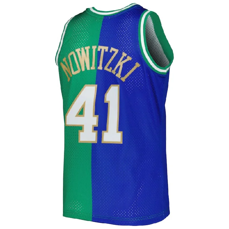 D.Mavericks #41 Dirk Nowitzki Mitchell & Ness Hardwood Classics 1998-2019 Split Swingman Jersey Blue Green Stitched American Basketball Jersey-NFC Vintage Football Jersey -