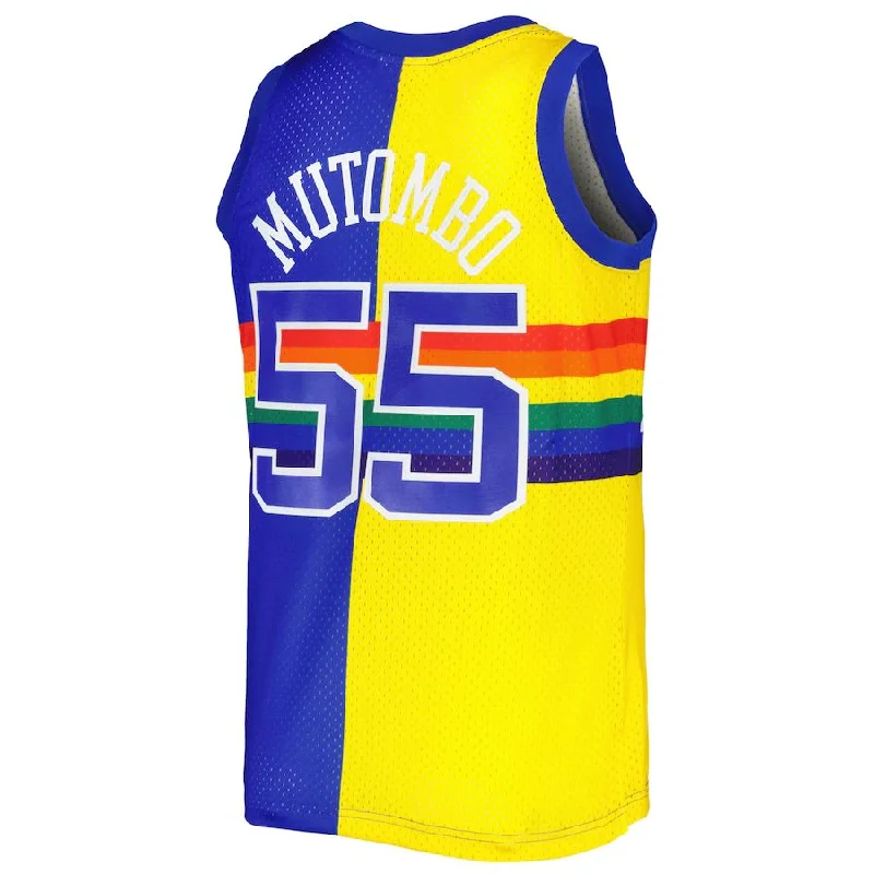 D.Nuggets #55 Dikembe Mutombo Mitchell & Ness Hardwood Classics 1991-92 Split Swingman Jersey Royal Gold Stitched American Basketball Jersey-NFC NFC Player Number Jersey -