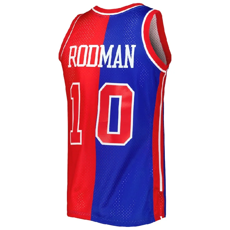 D.Pistons #10 Dennis Rodman Mitchell & Ness Hardwood Classics 1988-89 Split Swingman Jersey Blue Red Stitched American Basketball Jersey-NFC NFC Player Edition Jersey -