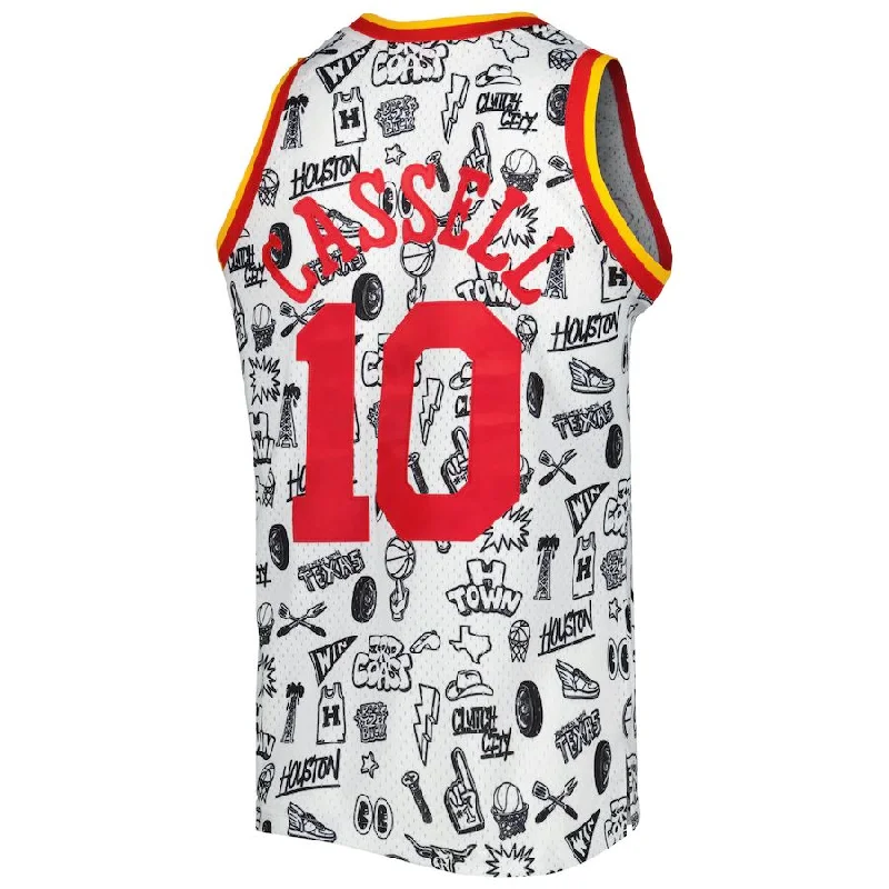 H.Rockets #10 Sam Cassell Mitchell & Ness 1993-94 Hardwood Classics Doodle Swingman Jersey White Stitched American Basketball Jersey-NFC Football Jersey with Embroidered Logo -