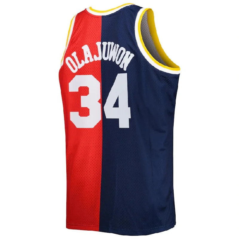 H.Rockets #34 Hakeem Olajuwon Mitchell & Ness Big & Tall Hardwood Classics 1993-94 Split Swingman Jersey Navy Red Stitched American Basketball Jersey-NFC NFC Team Jersey for Sale -